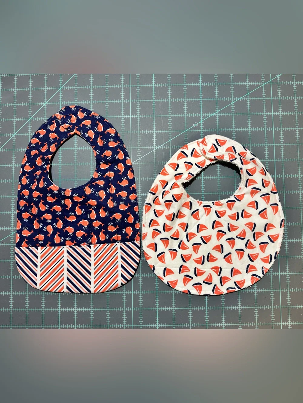 Navy Orange & White Baby Bib Set with Whales & Sailboats